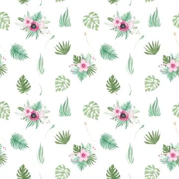 Watercolor seamless pattern of floral elements on a white background Pink flo イラスト素材