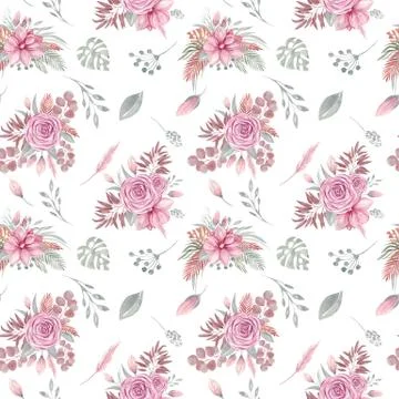 Watercolor seamless pattern of floral elements on a white background Autumn b 库存插图