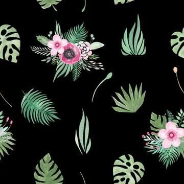 Watercolor seamless pattern of floral elements on a black background. Pink fl 스톡 일러스트