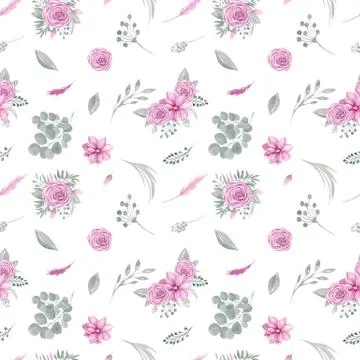 Watercolor seamless pattern of floral elements on a white background Pink flo Stockillustratie