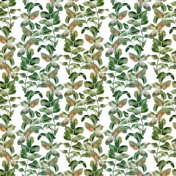 Watercolor seamless pattern with flowering branches, leaves and rosehip fruits Stock Illustration