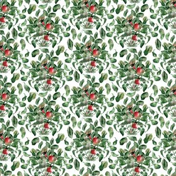 Watercolor seamless pattern with flowering branches, leaves and rosehip fruits Stock Illustration
