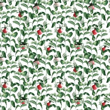 Watercolor seamless pattern with flowering branches, leaves and rosehip fruits Stock Illustration
