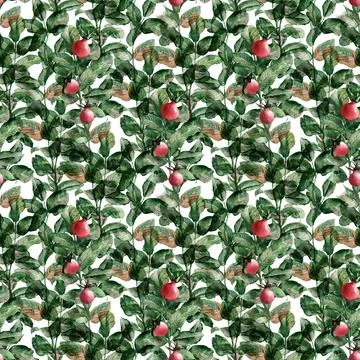 Watercolor seamless pattern with flowering branches, leaves and rosehip fruits Stock Illustration