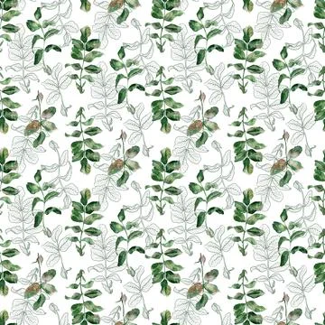 Watercolor seamless pattern with flowering branches, leaves and rosehip fruits Stock Illustration