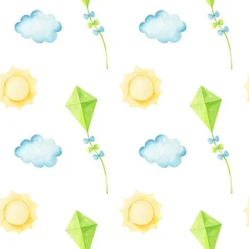 Watercolor seamless pattern with flying kite among the clouds and the sun Stock Illustration