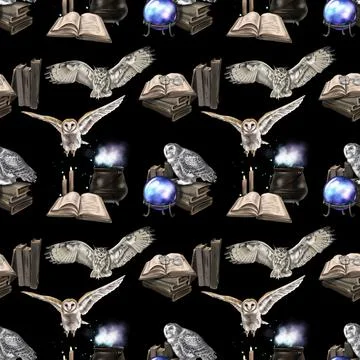 Watercolor Seamless pattern flying magic owl barn owl. A realistic illustration Illustrazione stock