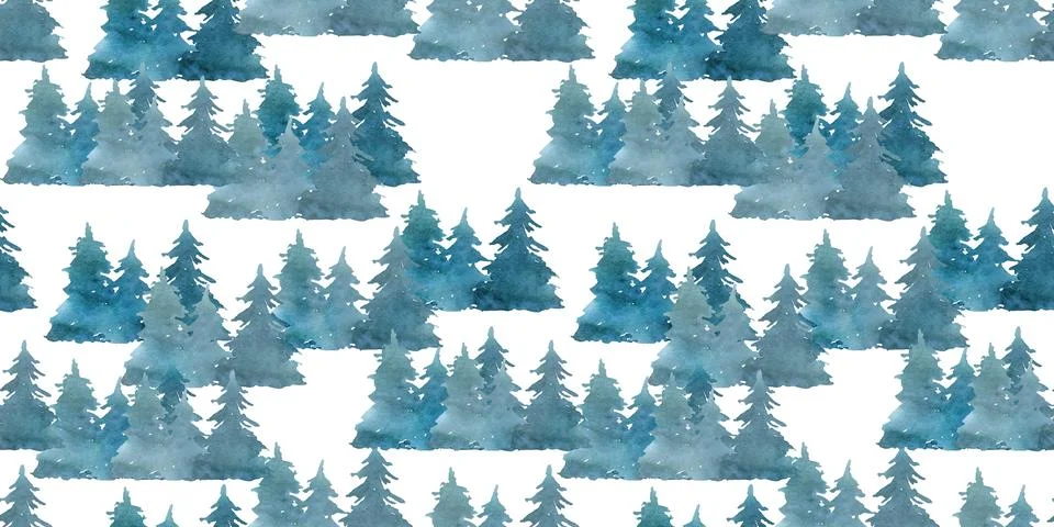 Watercolor seamless pattern with forest, tree on white background for textile Stock Illustration
