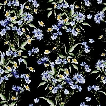 Watercolor seamless pattern with forget me not flowers, cornflower Stock Illustration
