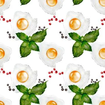 Watercolor seamless pattern with fried eggs. Hand drawn on white background Stock Illustration