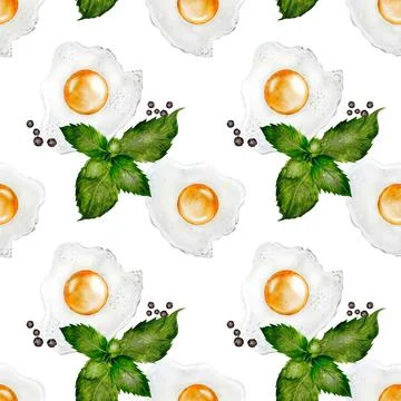 Watercolor seamless pattern with fried eggs. Hand drawn on white background Stock Illustration