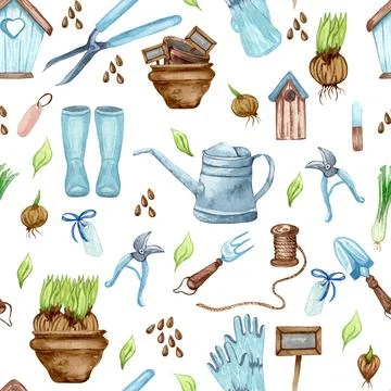 Watercolor seamless pattern of garden tool anf potted plants. Gardening backg Stock Illustration