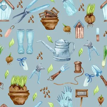 Watercolor seamless pattern of garden tool anf potted plants. Gardening backg Stock Illustration