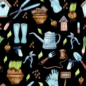Watercolor seamless pattern of garden tool anf potted plants. Gardening backg Stock Illustration