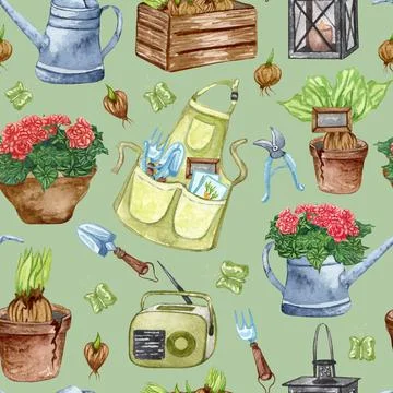 Watercolor seamless pattern of garden tool anf potted plants. Gardening backg Illustrazione stock