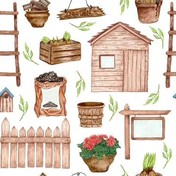 Watercolor seamless pattern of garden tool anf potted plants. Gardening Stock Illustration