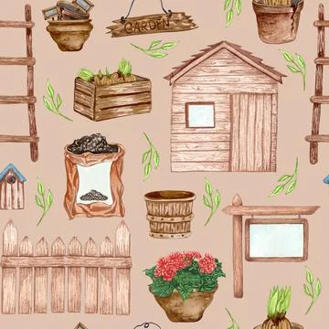 Watercolor seamless pattern of garden tool anf potted plants. Gardening Stock Illustration