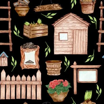 Watercolor seamless pattern of garden tool anf potted plants. Gardening Stock Illustration