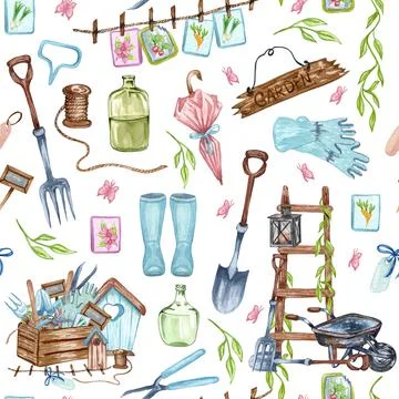 Watercolor seamless pattern of garden tool anf potted plants. Gardening Stock Illustration