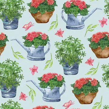 Watercolor seamless pattern of garden tool anf potted plants. Gardening Stock Illustration