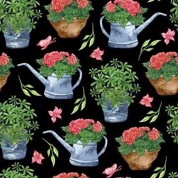 Watercolor seamless pattern of garden tool anf potted plants. Gardening Stock Illustration