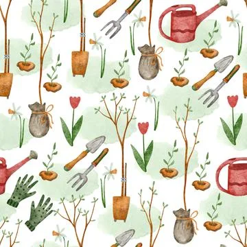 Watercolor seamless pattern with gardening tools and seedlings on white. Stock Illustration