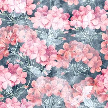 Watercolor seamless pattern of geranium flowers and leaves. Botanical Stock Illustration