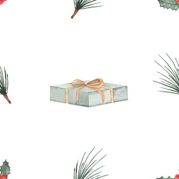 Watercolor seamless pattern with gift box, branches of spruce, pine, christmas Stock Illustration