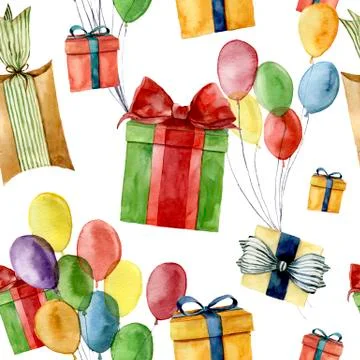 Watercolor seamless pattern with gift boxes and air balloon. Hand painted box Stock Illustration