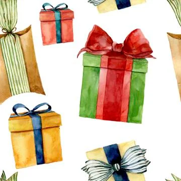 Watercolor seamless pattern with gift boxes. Hand painted box with bow isolated Stock Illustration