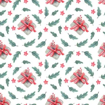 Watercolor seamless pattern with gift boxes tied with ribbon bows. Stock Illustration