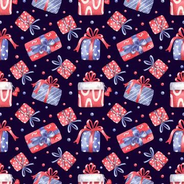Watercolor seamless pattern with gift boxes decorated with bow ribbons on dark. 스톡 일러스트