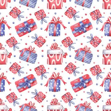 Watercolor seamless pattern with gift boxes decorated with bow ribbons on white. Illustrazione stock