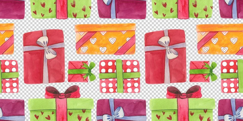 Watercolor seamless pattern with gift boxes. Hand-drawn bright illustrations Stock Illustration