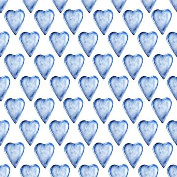 Watercolor seamless pattern with glass blue hearts Stock Illustration