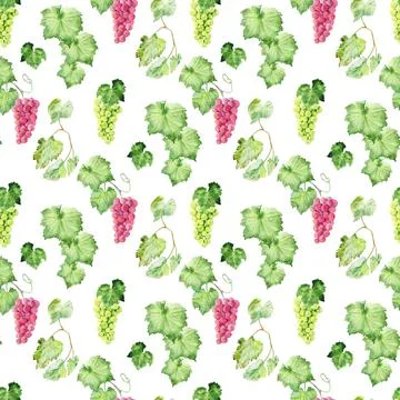 Watercolor seamless pattern with grape brushes, branches and leaves Illustrazione stock