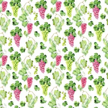 Watercolor seamless pattern with grape brushes, branches and leaves Illustrazione stock