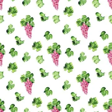 Watercolor seamless pattern with grape brushes, branches and leaves Illustrazione stock
