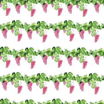 Watercolor seamless pattern with grape brushes, branches and leaves Stock Illustration
