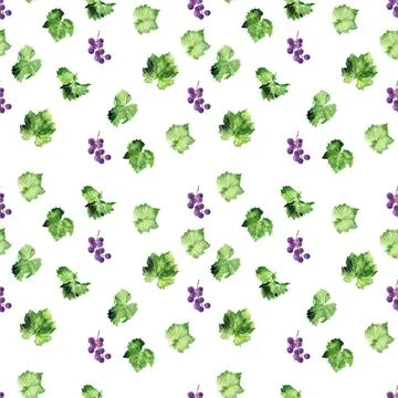 Watercolor seamless pattern with grape brushes, branches and leaves Stock Illustration