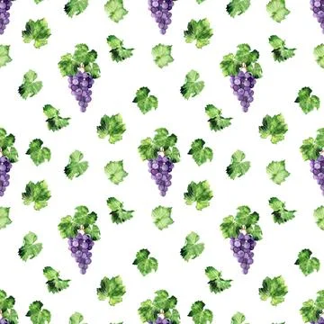 Watercolor seamless pattern with grape brushes, branches and leaves Stock Illustration