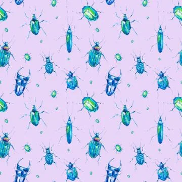 Watercolor seamless pattern with green beetles Stock Illustration