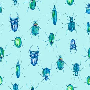 Watercolor seamless pattern with green beetles Stock Illustration