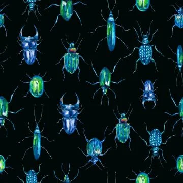 Watercolor seamless pattern with green beetles Stock Illustration