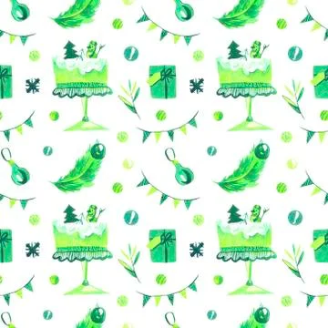 Watercolor seamless pattern with green elements.Print with cake Stock Illustration