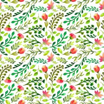 Watercolor seamless pattern with green leaf and red flowers Stock Illustration