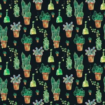 Watercolor seamless pattern of green plants in pots Stock Illustration