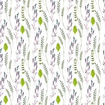 Watercolor seamless pattern with green spring plants with carved leaves Illustrazione stock