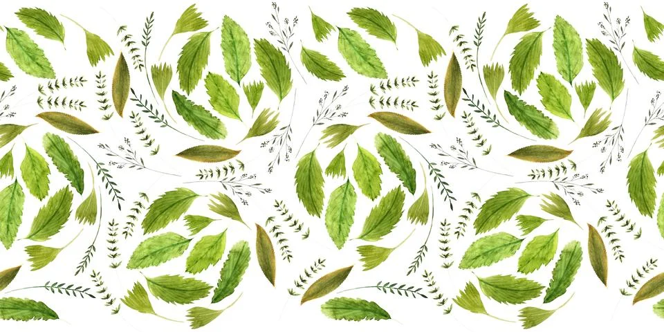 Watercolor seamless pattern with green spring plants with carved leaves Stock Illustration