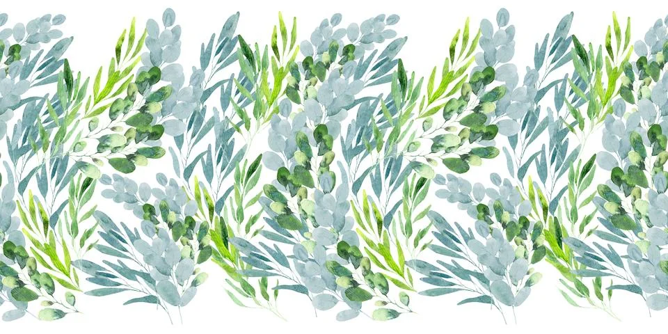 Watercolor seamless pattern with green spring plants with carved leaves Stock Illustration